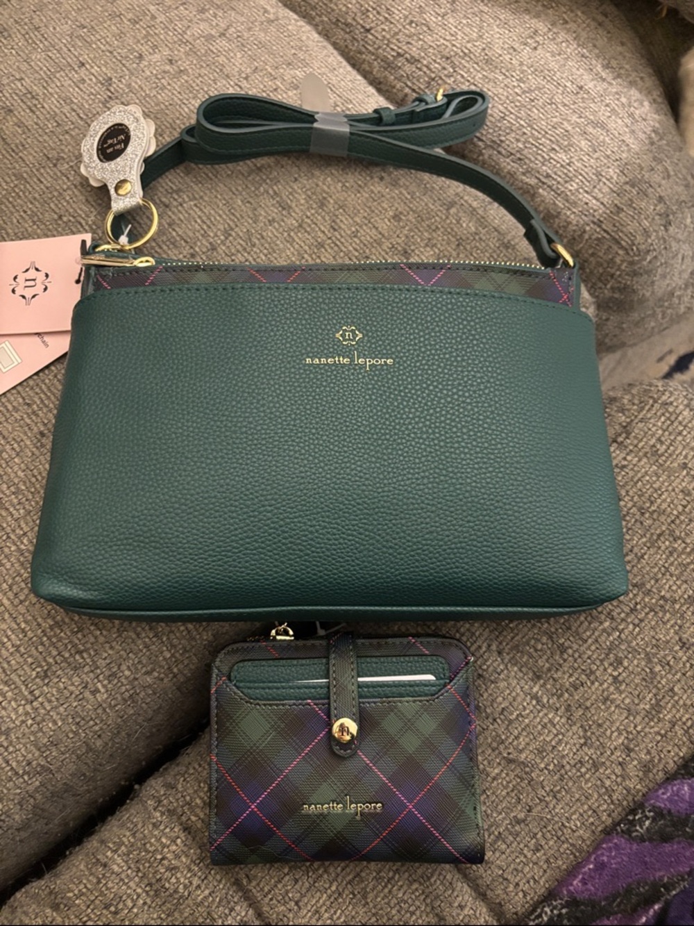 Nanette Lepore Green Pebbled Crossbody Bag with Matching Plaid Wallet